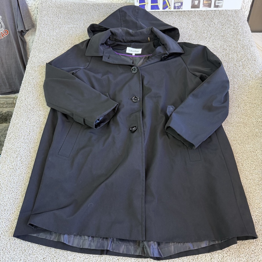 Calvin Klein Coat Womens XL Black Rain Hooded Mid Length Button Lined Polyester